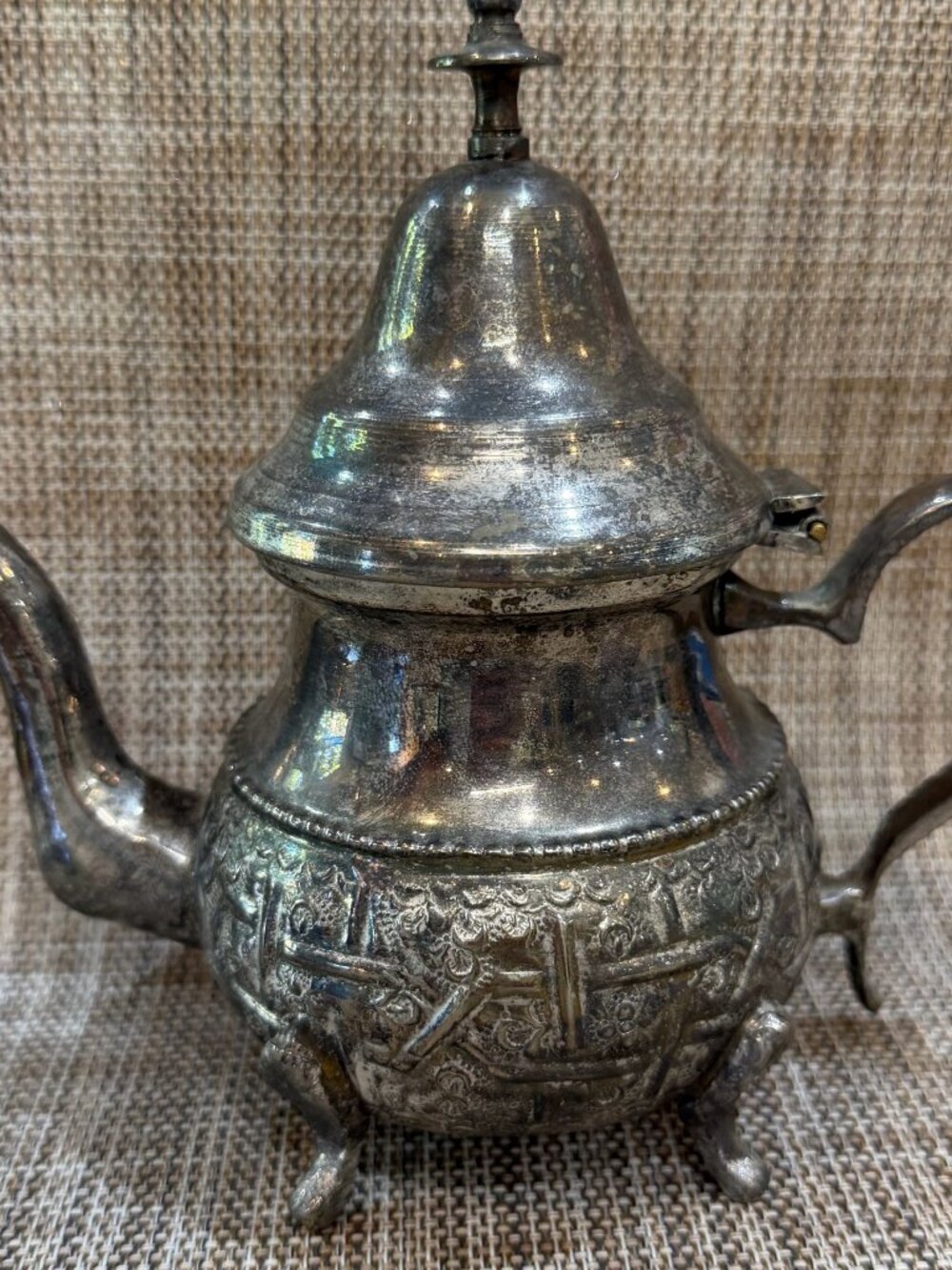 Ornate Metal Teapot with Lid and Feet